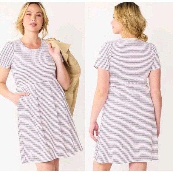 Draper James RSVP Short Sleeve Pleated Knit T-shirt Dress with Pockets, Size L - Picture 1 of 3